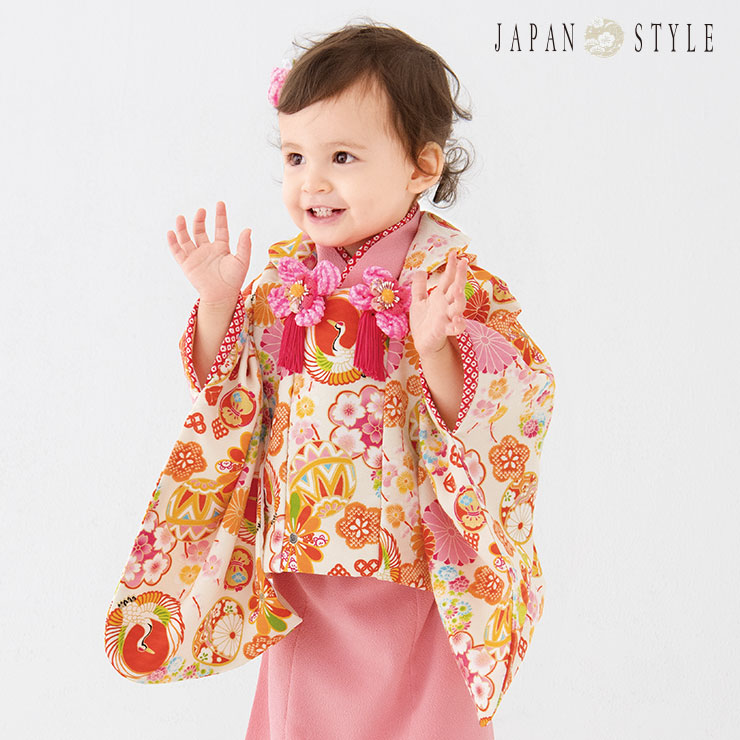 レンタル 4泊5日 女の子 一歳 1歳 誕生日 フルセット 鶴に花尽くし ハーフバースデー 古典 桃色 ピンク 着物 パーティー 被布 女児