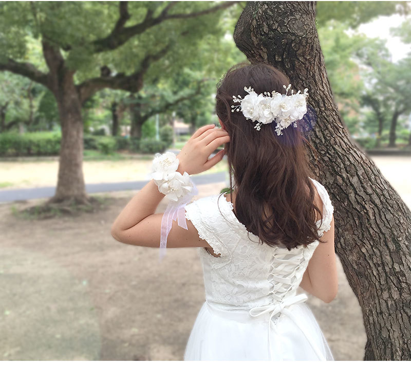 花 フラワー ウェディング ホワイト ボリューム ヘアー クリップ 小枝 髪飾り ヘッドドレス コサージュ リーフ 白