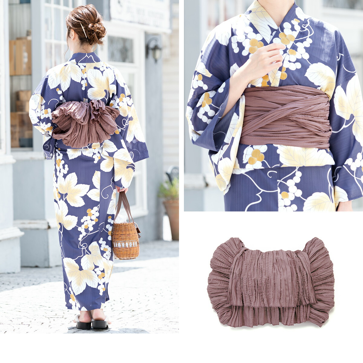 気質アップ 浴衣 3点セット 兵児帯 下駄 紫 薄橙 葡萄唐草 モダン 変わり織り 女性用 浴衣セット 30代 40代 ママ 大人浴衣 Www Tsujide Co Jp