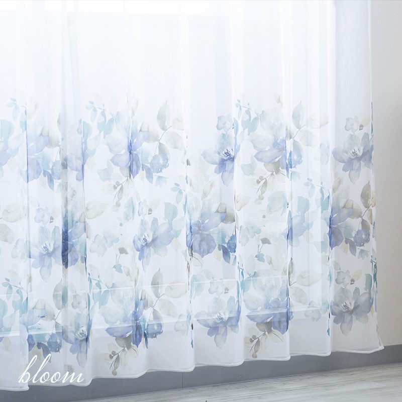 楽天市場 1000円off クーポン レースカーテン コットン風 リネン風 おしゃれ 北欧 洗濯 洗える ホワイト 絵羽柄 裾に柄 花柄 ブルー 光を通すカーテン 風を通すカーテン 透けてる 透け感 かわいい インテリア 友安製作所 Yh999 ブルーム 2枚組 Okc4 カーテン