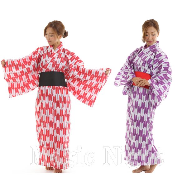矢がすり着物 帯付き<br>【時代劇 サンバ ダンス 大奥 腰元 奥女中 演劇 舞台 矢絣 矢羽根 絣柄 衣装 コスチューム 仮装】マジックナイト MN247RD（赤着物-黒帯）・MN248PP（紫着物-赤帯）