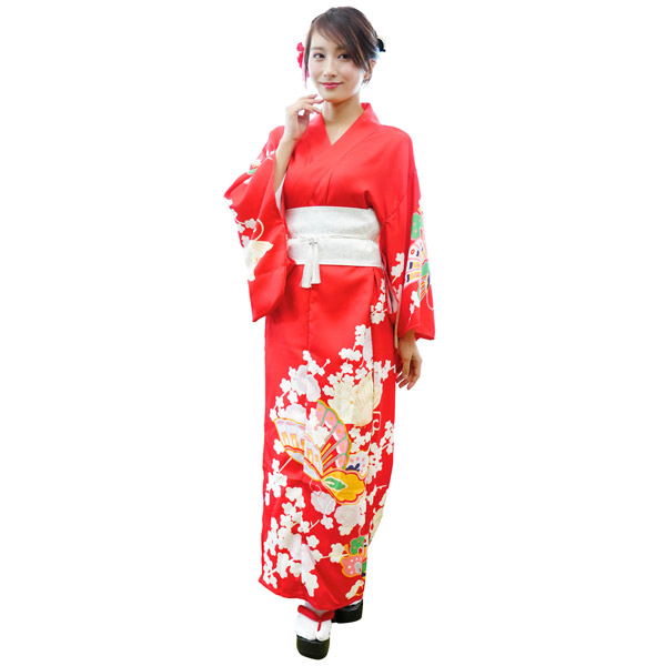 レディース着物セット 朱蝶 【仮装用 着物 浴衣 コスプレ 衣装 日本 和装 宴会芸 余興 舞妓 芸者 踊り ダンス お祭り 文化祭 学園祭 ハロウィン コスチューム ladies’ women's 女性用 髪飾り 扇子付き 帯は帯紐で留める簡易仕様】マジックナイト CS910565