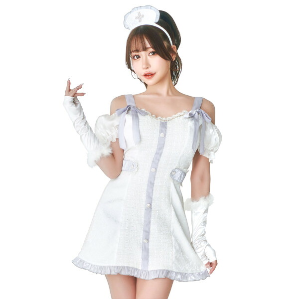 リュクステラ エクリュナース 【看護師 看護服 コスプレ 衣装 ハロウィン 仮装 ワンピース カチューシャ グローブ 変装 韓国アイドル 白 ホワイト 女性 レディース 大人用】マジックナイト CS909255