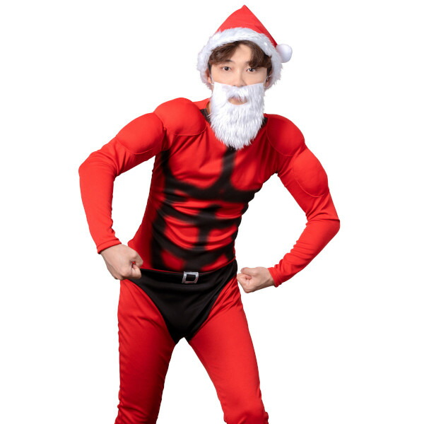 マッスルサンタ<br>【クリスマス 全身タイツ 筋肉 サンタ服 サンタクロース コスプレ 衣装 マッスル ひげ 帽子 コスチューム マッチョ おもしろ 変装 赤 レッド 男性 メンズ 大人用】マジックナイト CS909613