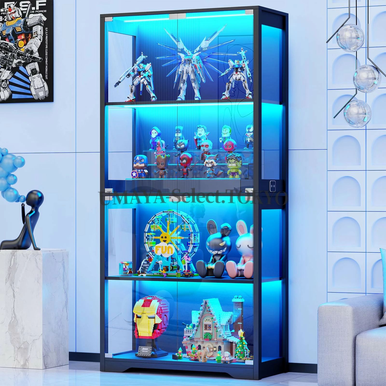 ディスプレイキャビネット ガラスドア付き 4段収納 コレクション用3色LEDライト 人体センサー搭載 ガラスケース ブラック 省スペ|マグネットショッピングスプリー