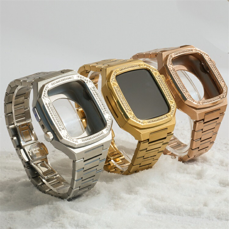 アップルウォッチ保護ケースバンドセットキラキラステンレスビジネスApplewatchステンレス金属製44mm45mm全面保護ケース男性金属中性丈夫なリング長さ調整器具付き高級華奢｜MONONOKE SHOP