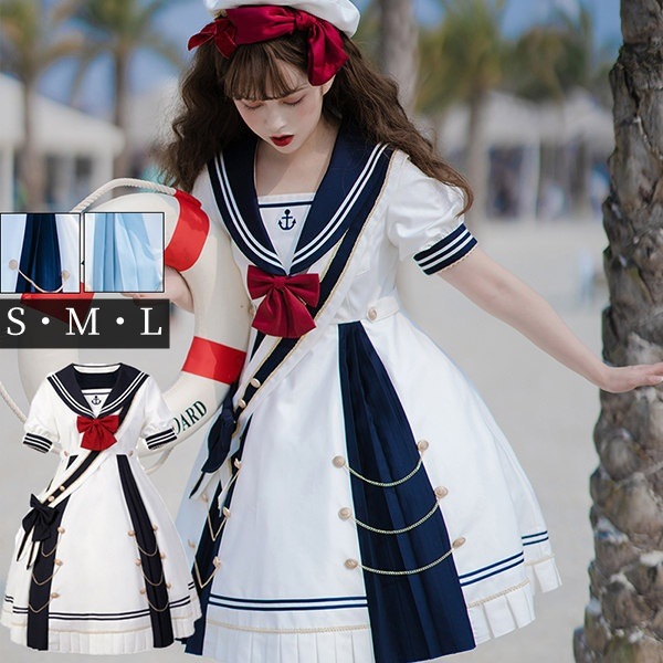 ワンピースレディースロリータワンピース甘ロリロリィタAライン半袖リボンプリーツマリンセーラー服セーラークリスマスワンピパフスリーブセーラーカラー衣装かわいいハロウィンパーティイベントブルーネイビーs1jc
