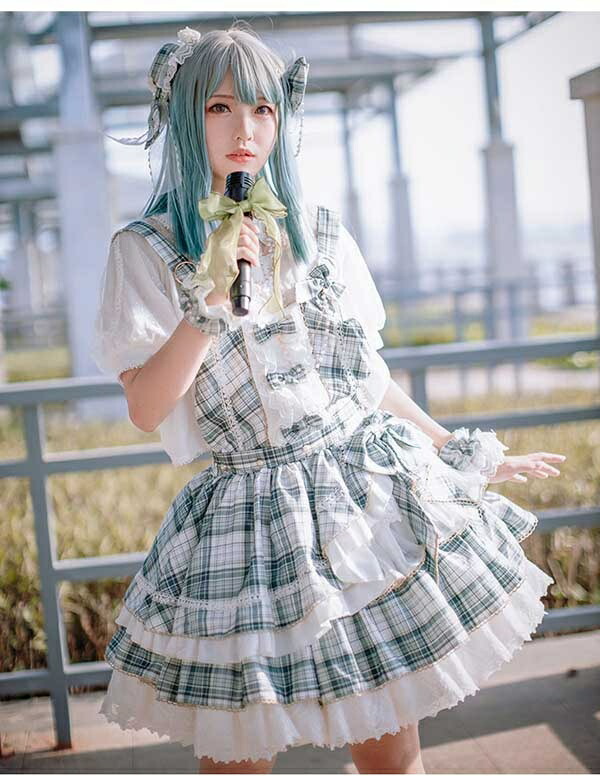 ロリータワンピースジャンパースカートレディースロリィタ甘ロリチェック柄グリーンアイドルスカートフリルリボン愛くるしげ髪飾りつけ加えること買いもとめる可でき事気が大きい大きさトップ加えること買いもとめる可ハロウィンクリスマス寄りあいSMLXL2XL