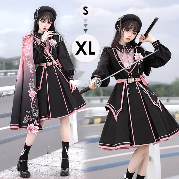 ミニロリ軍服ロリータゴスロリフルセットワンピース長袖あり肩章桜柄大正風ペリースマント片掛全掛マントミリタリーロリィタブラック黒ピンク膝丈レディースエポレット肩章着痩せ女の子x1d7|MONONOKE SHOP