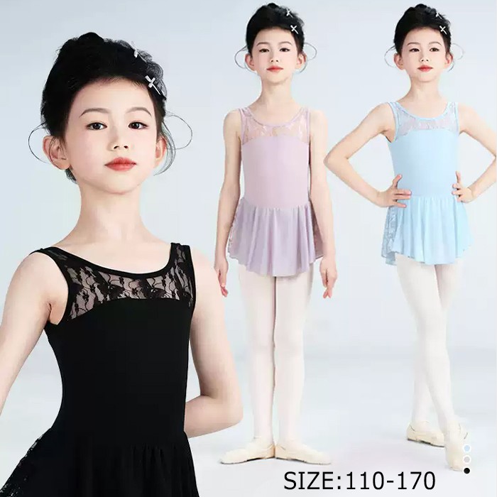 バレエレオタード子供用女の子用レース可愛さ満載スカート付きキッズワンピースジュニア高級股下スナップかわいいダンス新体操練習着演出用ブラックパープルブルー110cm120cm130cm140cm150cm160cm170cmzbm3