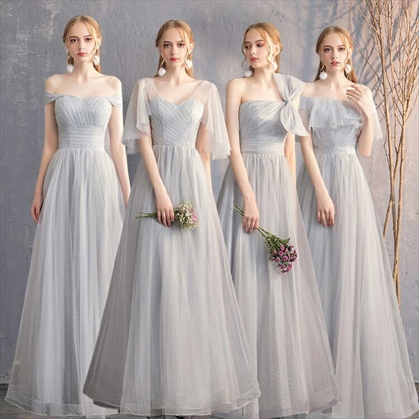 ブライズメイドドレスロンググレー4タイプお揃いドレスお呼ばれドレスアシンメトリードレスパーティードレス結婚式ワンピースロングドレス母親結婚式演奏会ブライズメイドピアノ発表会エンパイアイブニングドレスフォーマルSMLXL2XL3XL