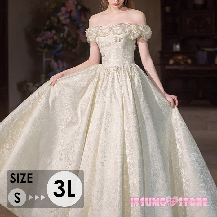 ウェディングドレスオフショルダー花嫁ドレス上品クラシカルロングドレスAラインレース刺繍結婚式披露宴二次会前撮り後撮りフォトウェディング大人可愛いアイボリー｜MONONOKE SHOP
