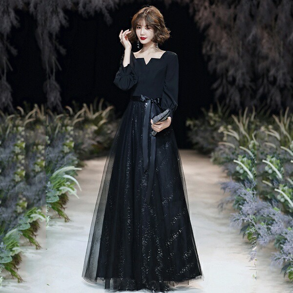 キラキラロングドレス黒ドレス袖付きVネック大人ピアノ発表会パーティードレス演奏会結婚式XS小さいサイズワンピース成人式同窓会母親七分袖袖ありレースパーティドレスグローリーパーク