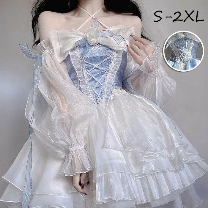 ワンピース ロリータ Lolita ドレス ブルー ホワイトリボン トレーン フィッシュテール プリンセス パフスカート フォーマル パーティー ドレス エレガント コスプレ S M L XL 2XL パーティードレス 発表会ドレス 高校生 演奏会ドレス 大きいサイズ｜MONONOKE SHOP