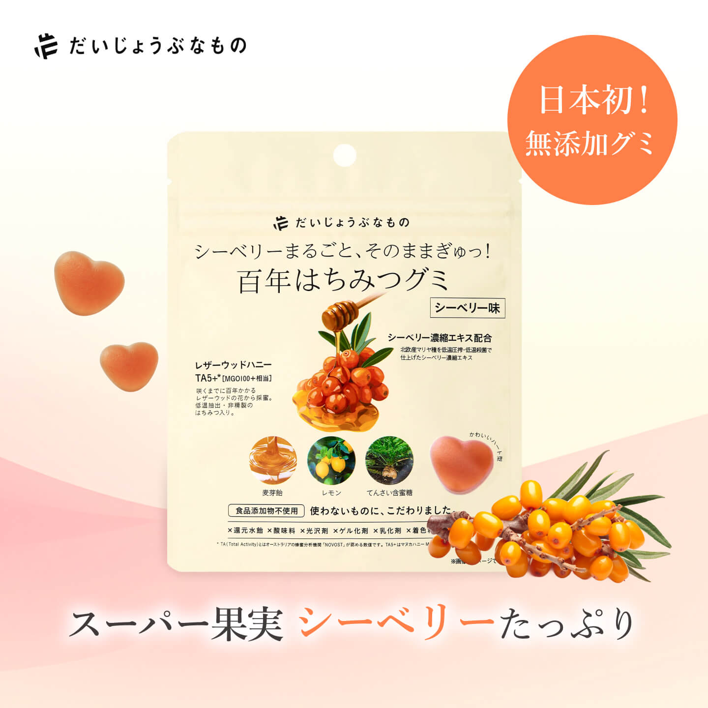 だいじょうぶなもの 百年はちみつグミ シーベリー味 無添加 低GIおやつ 低GI食品 ナチュラルグミ はちみつグミ シーベリーグミ サジーグミ 砂糖不使用 人工甘味料不使用 食品添加物不使用 ギルトフリー ダイエット 美容 女性 オメガ7 ビタミンACE 抗酸化 サジー果汁 4,666円