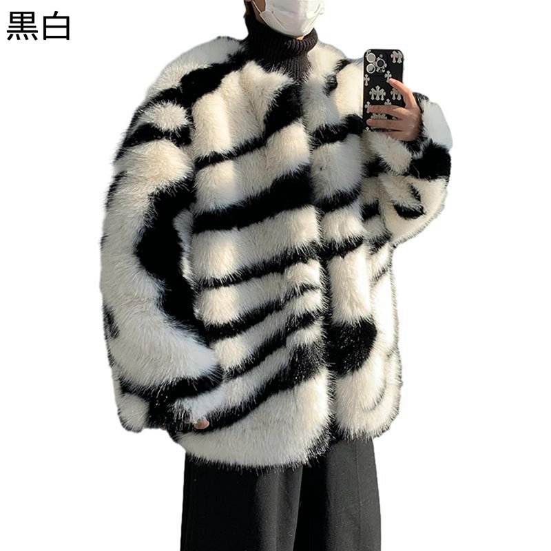 ファージャケット メンズ スプライス パッチワーク ファーコート シマウマ柄 ファー フェイクファーコート 毛足長い 秋冬 ショートコート 毛皮 保温 柔軟性 防寒着 羽織り 韓国風