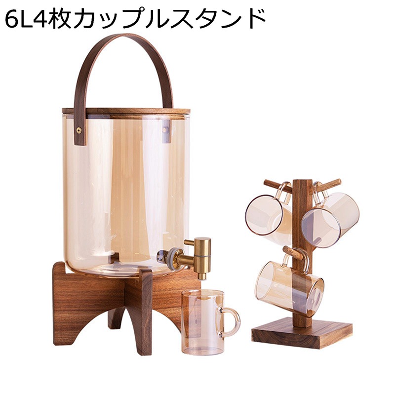 ドリンクピッチャー ガラス製 冷水筒ドリンクサーバー 麦茶ポット ドリンクディスペンサー ドリンクサーバー ガラス貯蔵タンク 大容量 ステンレス製の蛇口 竹の木製ブラケット DIY ディスペンサー