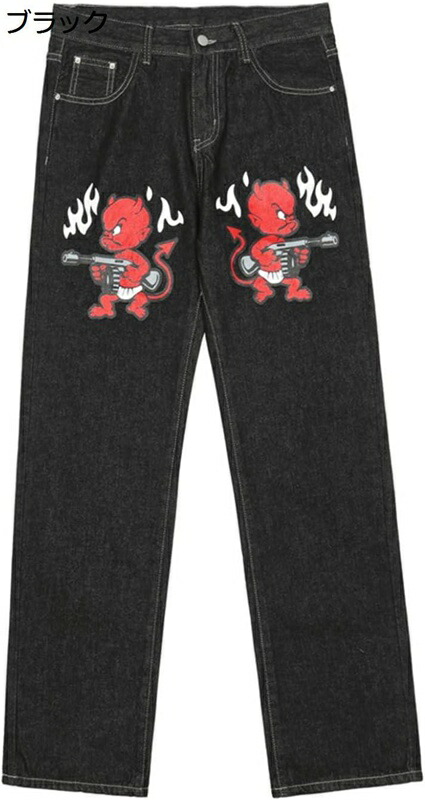 ジーンズ メンズ デニムパンツ パンク系 悪魔 プリント ジーパン ヒップホップ ストリートファション ゆったり 大きいサイズ ストレートタイプ 欧米風 rap レゲエ カジュアル V系 オシャレ 男性 長ズボン ダンスウェア