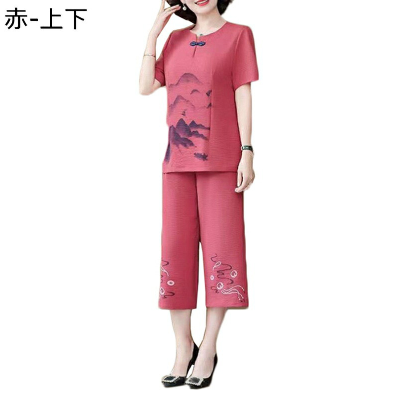 シニアファッション tシャツ 半袖 綿麻 上下 セット 7分丈 ワイドパンツ 中高年 祖母 お年寄り レディース 山柄 トップス ゆったり 薄手 通気性 お出かけ リゾート 敬老の日 プレゼント 春夏秋