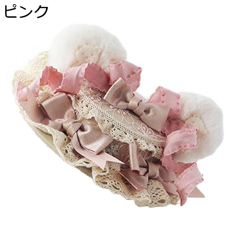 ヘッドドレス カチューシャ Lolita 熊耳ハット 熊耳帽子 小礼帽 カクテルハット ロリータ髪飾り ヘアアクセサリー リボン 蝶結び ロリータアクセサリー かわいい 萌え系 キュート 手作り クリップ付き
