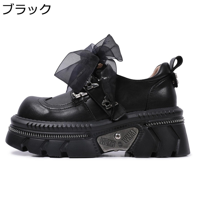 厚底 パンプス レディース 7cmヒール 面ファスナー ラウンドトゥ リボン レース 定番 原宿 サブカル 地下アイドル 仮装 歩きやすい メイド靴 メリージェーン オックスフォードシューズ