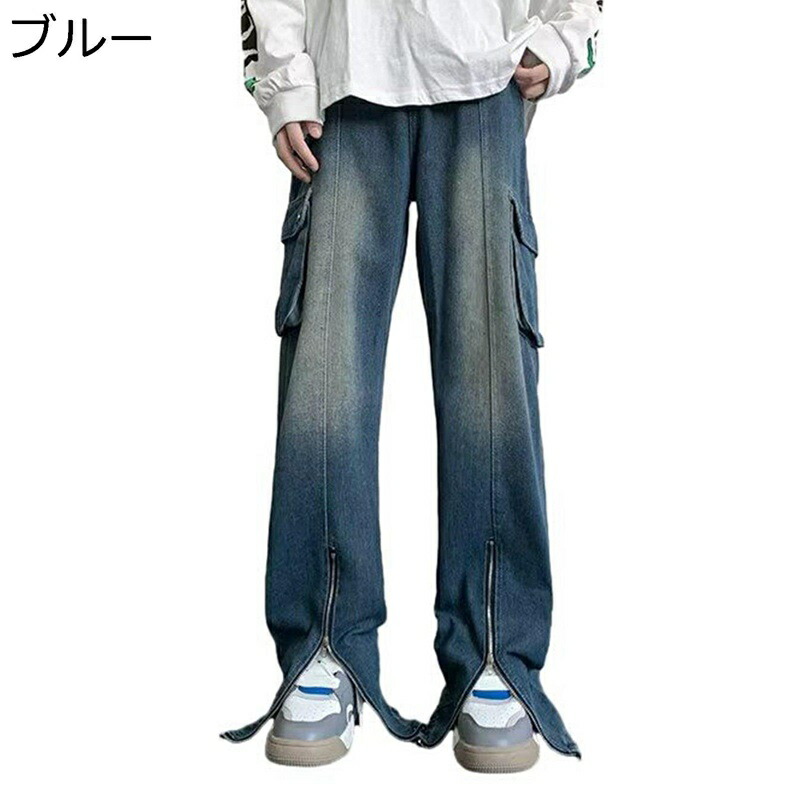 デニムパンツ ジーンズ メンズ ゆったり ストレートパンツ Gパン 長ズボン レトロ スリット ジッパー ストレート カジュアルパンツ 着痩せ カッコイイ マルチポケット カーゴパンツ ロングパンツ