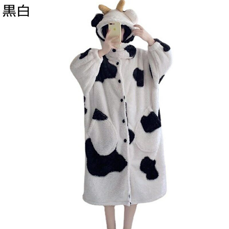 フランネル ワンピース 乳牛 フード付き パジャマ 長袖 かわいい 秋冬服 ナイトウェア 部屋着 寝巻き もこもこ 厚手 おしゃれ 敏感肌 乾きやすい ソフト お風呂上がり 少女 ガールズ 学生服
