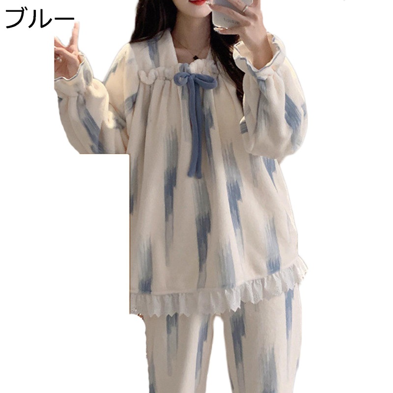 レディース モコモコルームウェア 総柄 2点上下セット パジャマ かわいい 甘い プルオーバー 秋冬服 部屋着 寢巻き スクエアネック ボアフリース フランネル 長袖 ロングパンツ 厚手 モコモコ 保温 軽量 外出