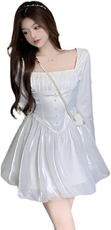 ショートスカート ワンピース ひざ上 上品 おしゃれ ボリューム袖 細身 森ガール ホワイト フェミニン スクエアネック 復古 ボタン やさしい Aライン プリーツ ハイウエスト ファッション 夏 旅