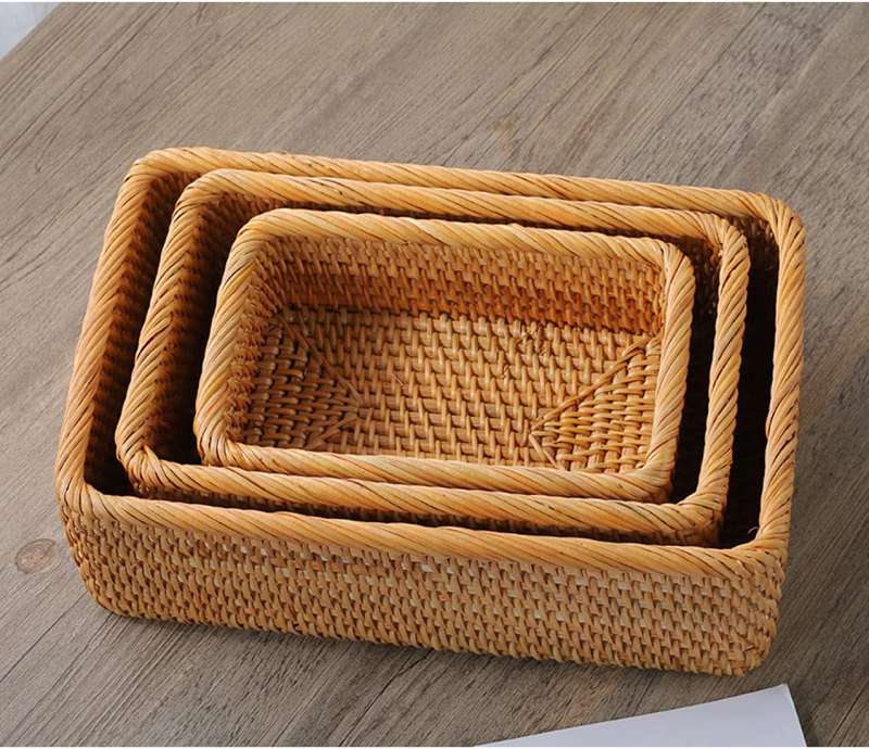収納かご バスケット 籘 20x13x7cmx1 かご 収納バスケット 浅型 小物入れ 卓上収納 おしゃれ フルーツバスケット 果物入れ ブラウン 天然素材 パンかご 洗える 雑貨収納 籐収納かご 浅
