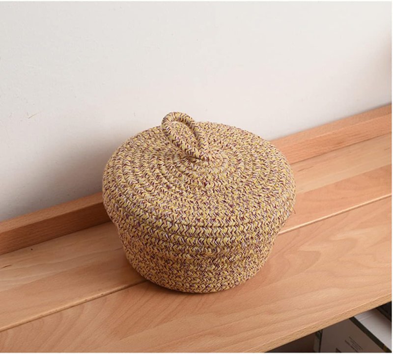 収納バスケット 収納かご イエロー コットンロープ 編み込み 18x12cmx3 おしゃれ 小物入れ 雑貨 おむつ トイレットペーパー ランドリー 収納カゴ ラタン編み キッチン 洗面所 化粧台 ピク