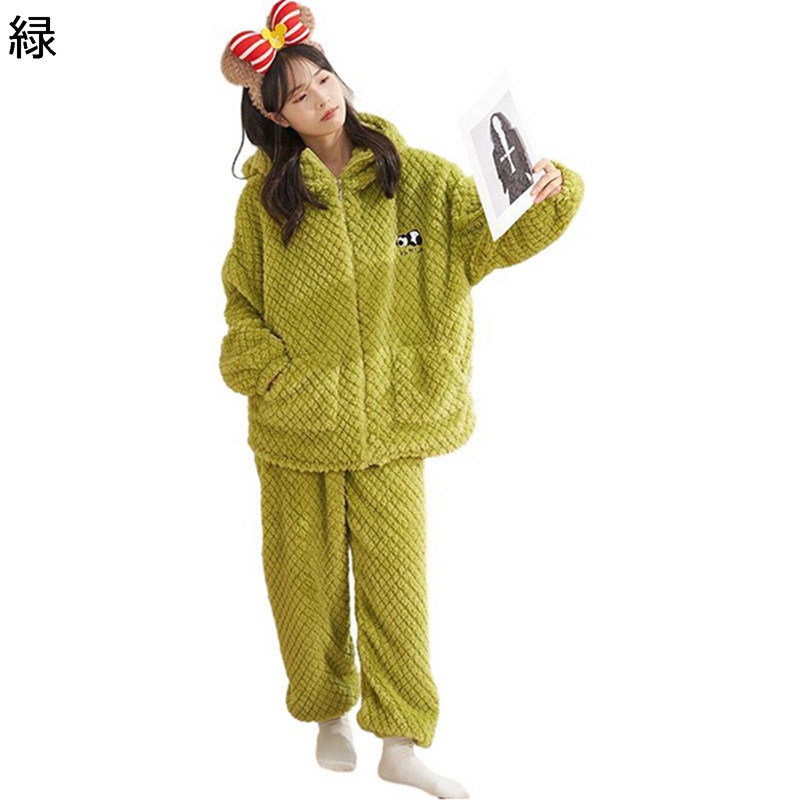 フランネルパジャマ レディース ルームウェア 熊耳付き かわいい 上下set 二重起毛 暖かい 寝巻き 無地 もこもこ 厚い 柔らかい ゆったり 秋 冬 ぱじゃま ナイトウェア 便利服 ギフト