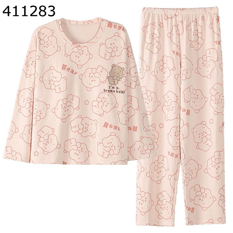 レディースパジャマ 綿100 カップ付き ルームウェア プルオーバープル かわいい クマ柄 Tシャツ 長袖 寝巻き ロングパンツ 二点セット 大きいサイズ 吸汗 通気 吸湿 コンフォート 便利服 寝やすい 春 夏 秋
