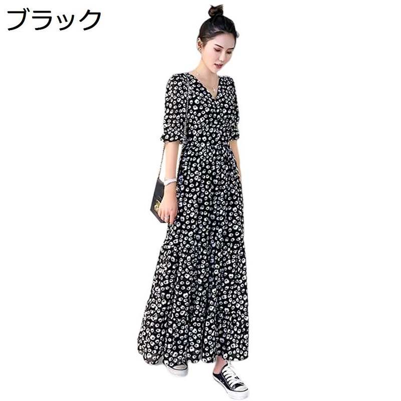 レディースワンピース ドレス 花柄 リラックス Aライン 通気 Vネック 薄手 半袖 涼しい マキシ丈 春夏 レトロ ウエストゴム ペプラムス 通勤通学 入園式 ワンピ 通勤通学 ファッション 履き心地いい カジュアル 10,500円