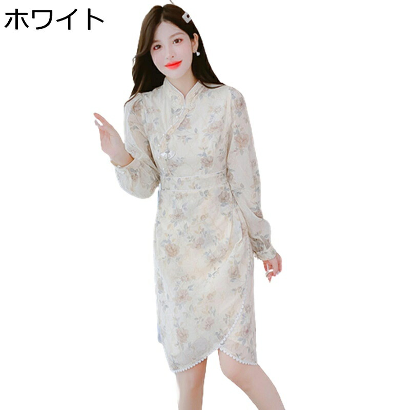 チャイナドレス 花柄 vネック ミニワンピ カシュクール 膝上 アシンメトリー 中華風 フェミニン トレンド きれい 華奢 レディース デコルテ ハイウエスト ストレッチ パーティー 結婚式 発表会 シフォン