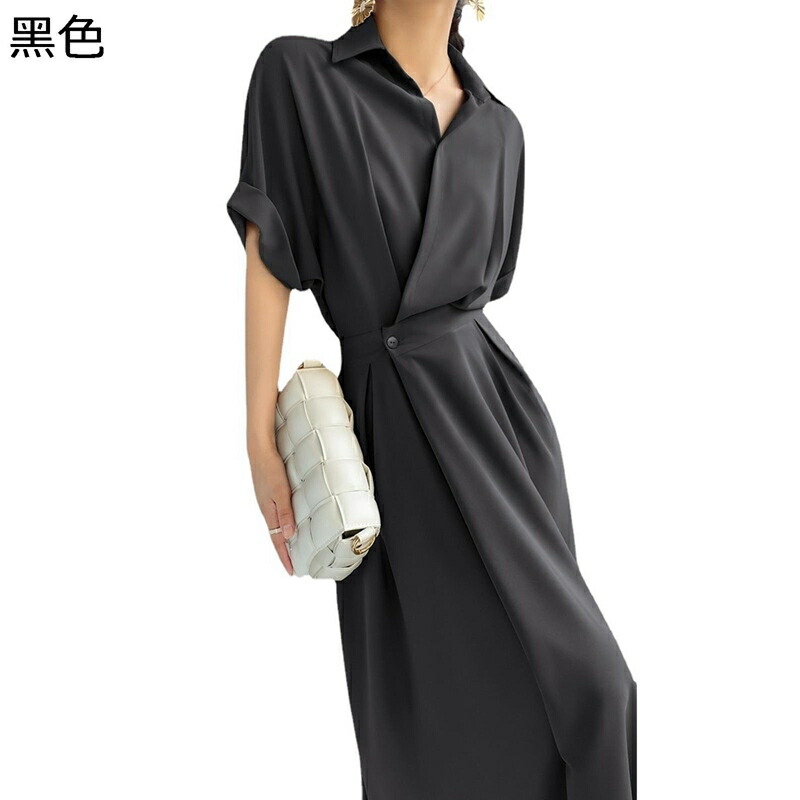 シャツワンピース 半袖 ロングワンピース 膝下 ウェスト紐 体型カバー 細身 レディース 着やせ Aライン プリーツ 大人 春夏服 きれいめ エレガント フォーマル 通勤 パーティー 旅行 女子会