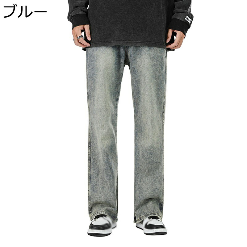 デニムパンツ ヴィンテージ ジーンズ メンズ ストレート 大きいサイズ カジュアル 細身 フィット ゆったり イージーパンツ ウォッシュ加工 前開きジッパー おしゃれ 男性用 ロングパンツ ストリート系