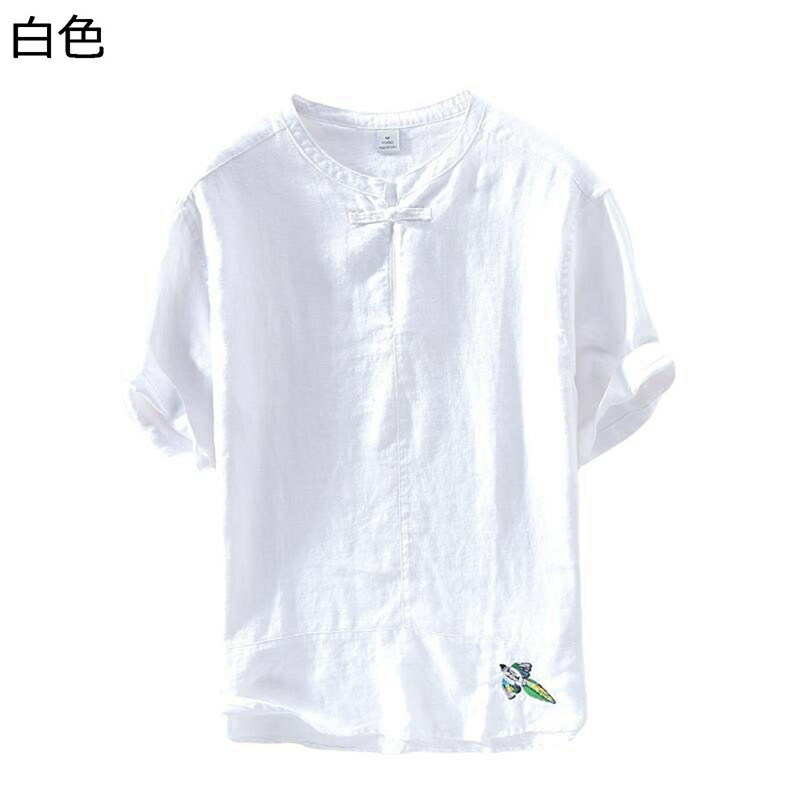 Tシャツ メンズ 夏用 リネンシャツ 半袖Tシャツ カジュアル ヘンリーネック スタンドカラー シンプル 刺繍 ゆったり 軽量 速乾 通気 日常 旅行 釣り 夏服 トップス