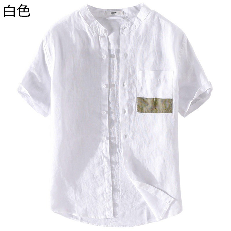 リネンシャツ 半袖シャツ メンズ 夏用 カジュアルシャツ レトロ 和風 立ち襟 胸ポケット パッチワーク 軽量 速乾 薄手 日焼け止め 通気 通学 日常 旅行 アウトドア 夏服｜お米の米道 店