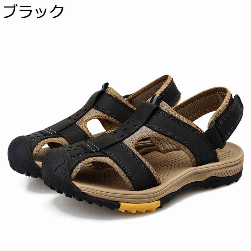 ビーチサンダル ビーサン メンズ トレッキングサンダル 水陸両用サンダル 本革 アウトドアサンダル 夏 排水加工 透かし彫り ベルクロ 着脱便利 軽量 走れる 低反発 キャンプ ファッション
