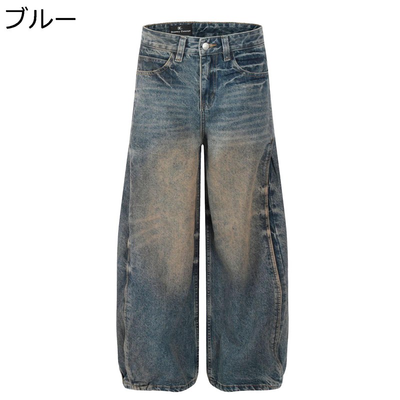 デニムパンツ ワイドパンツ ロング メンズ バギーパンツ ジーンズ 長ズボン 大きいサイズ ゆったり クラッシュ 動きやすい トレンド お洒落 オリジナル 春夏秋 レトロ 米海軍 アメリカン 男性