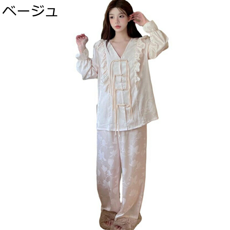 パジャマ チャイナ服 レディース 長袖 春秋 ルームウェア ナイトウェア レーヨン 花柄 前開き シルク風 上下セット 長ズボン 薄手 柔らかい 優しい 大きめ おしゃれ レトロ