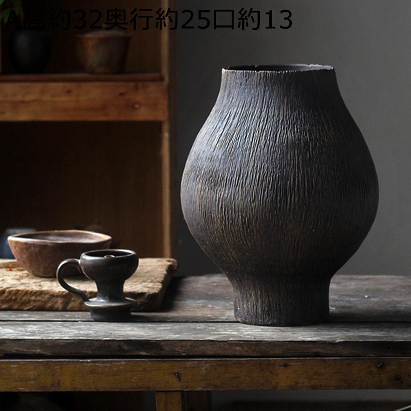 フラワーポート花器 大型 着地花瓶 黒 彫刻 ブラック 手作り 陶製花器 セラミックス花器 フラワーアレンジメント用花器 生け花用花器 和風 日系 装飾家の装飾 家飾りアイテム 室内装飾 リビングルーム装飾