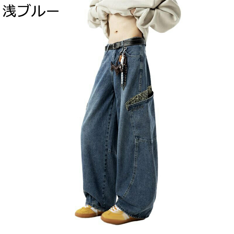 ジーンズ ワイドパンツ ロング メンズ デニムパンツ 豹柄 パッチワーク バギー Gパン 紳士用 長ズボン ビッグシルエット へやぎ 厚い 立体裁断 ストリート系 カッコイイ 春夏秋 バイカージーンズ