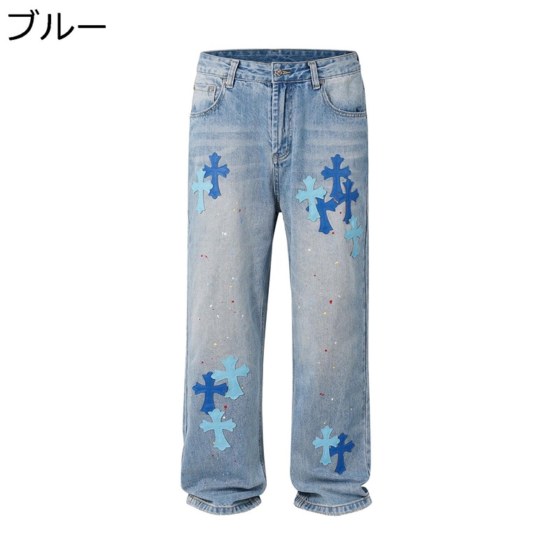 ジーンズ デニム メンズ 十字架 手縫い デニムパンツ 十字架飾り クロス Gパン 暗黒系 ストリート ヴィンテージ ジーパン 履き心地 耐摩耗性 個性的 原宿風 綿 ロングパンツ 春夏秋着 お出かけ ズボン