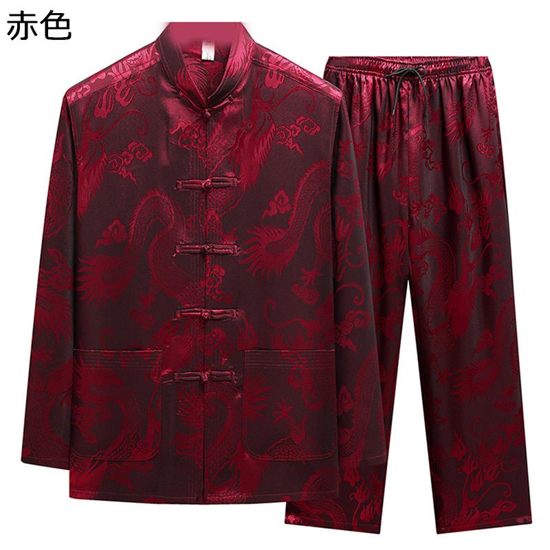 唐装 メンズ チャイナシャツ 長袖 漢服 伝統服 通気性 吸汗速乾 薄手 軽い 大きいサイズ チャイナ風 ファッション 太極拳服 カンフー衣装 上下セット 春夏 大人 父の日 トラベル 普段着