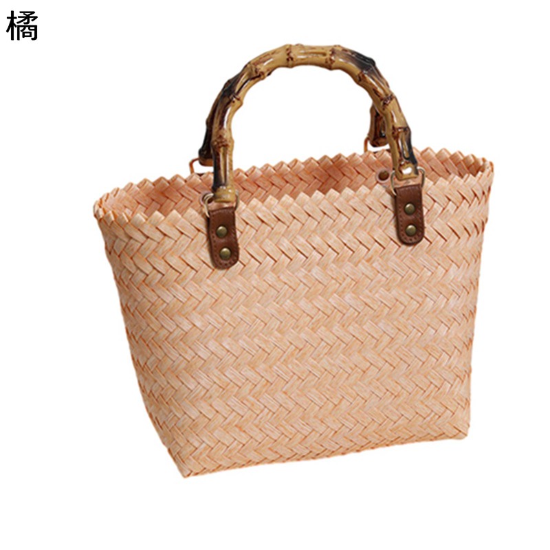 編みバッグ かごバスケットバッグ ペーパー素材 竹ハンドル 手提げげバッグ 夏用 草編みバッグ レディース ナチュラル プール 浴衣向け 海水浴 大容量 小銭 鍵 小物入れ 便利 可愛い 学生 女の子 レジャー