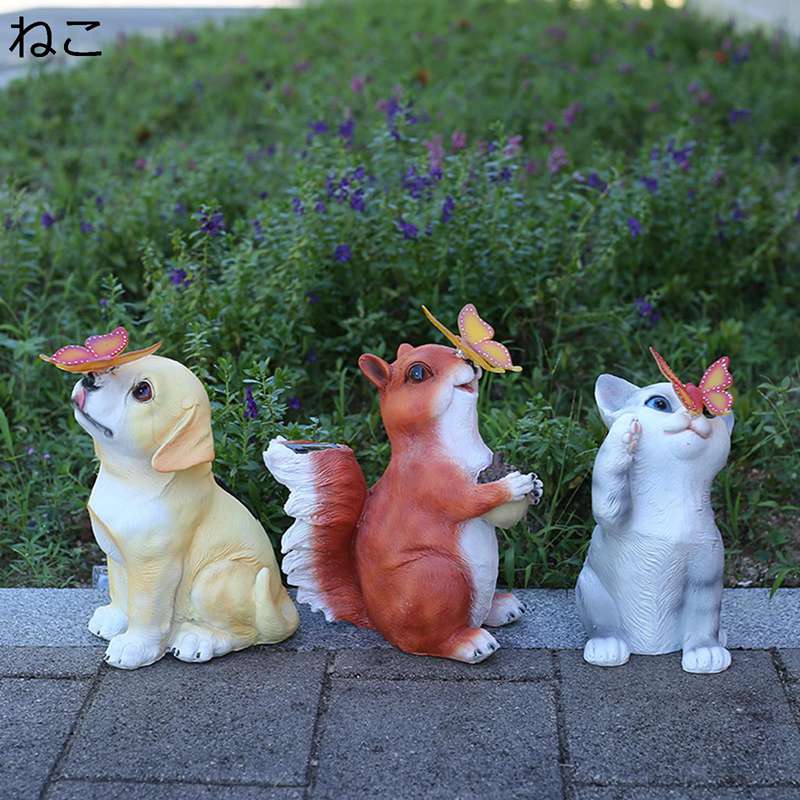 ガーデンオーナメント 庭オブジェ 猫の置物 犬 リス ガーデン置物 3点セット 蝶 ガーデンライト ソーラーライト 本物そっくり 屋外防水 おしゃれ かわいい ナチュラル 園芸雑貨 彫刻 ベランダ デコレーション 贈り物|お米の米道 店