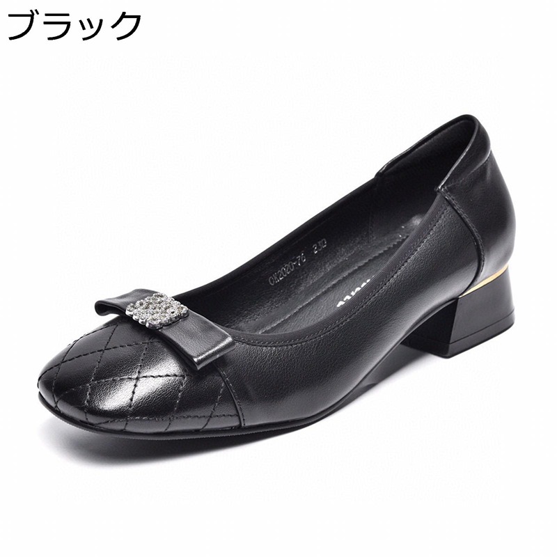 パンプス レディースパンプス 本革 3cm太ヒール パッチワーク 模造ダイヤ飾り 歩きやすい スリッポン 軽量 疲れない 滑り止め 美脚 細身 立ち仕事 通気 カジュアルシューズ 冠婚葬祭 春秋