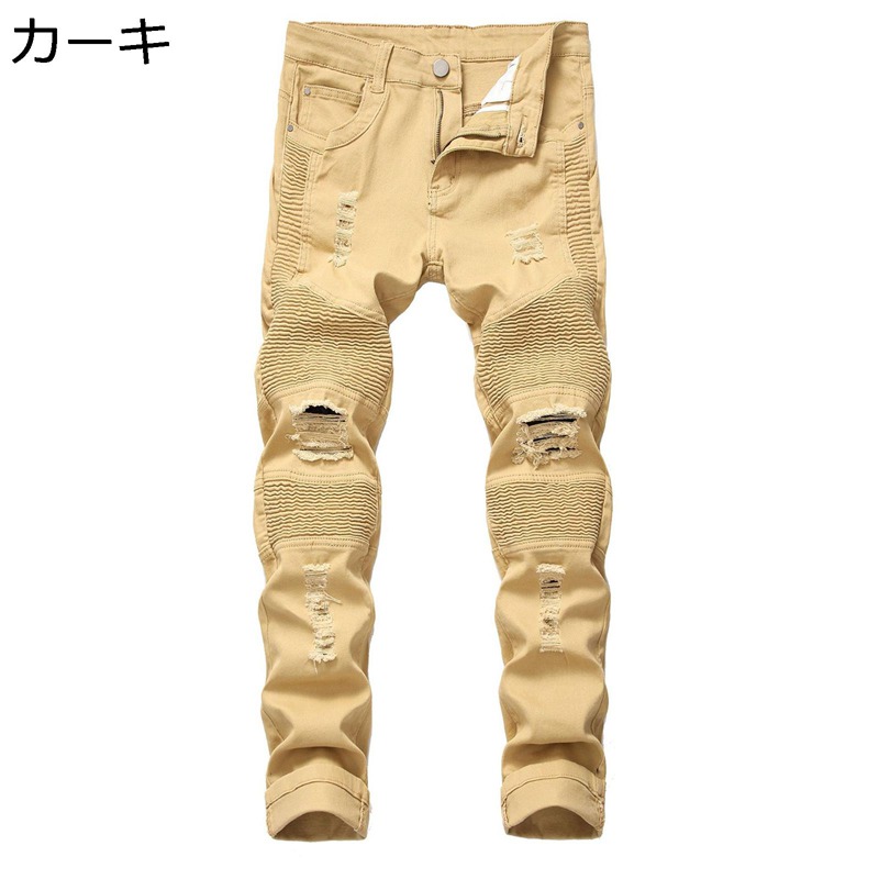 Gパン デニムパンツ スキニーパンツ 細身 メンズ 長ズボン ダメージ加工 ジップ 無地 紳士用 ファッション 厚手 ストリート系 カッコイイ 秋用 春秋 バイクパンツ スリム トレンド 美脚 通気性